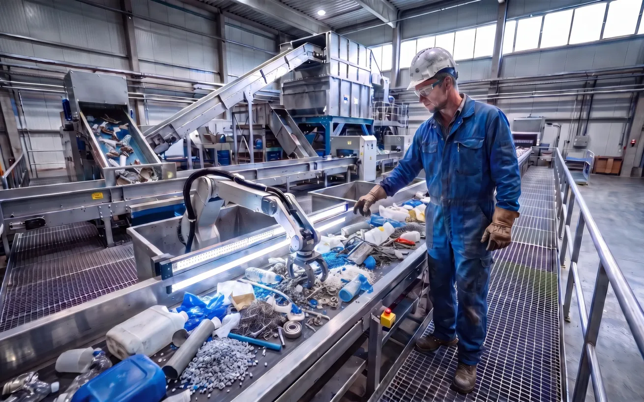 Worker in blue coveralls and hard hat monitoring a robotic arm sorting plastic waste on a recycling conveyor belt