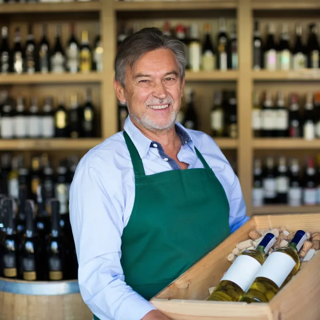 Ein Mann mit grüner Schürze steht lächelnd in einer Weinhandlung und hält eine Holzkiste mit drei Flaschen Weißwein in der Hand - ein Zeichen für hervorragenden Kundenservice. Im Hintergrund befinden sich mit Weinflaschen gefüllte Regale.