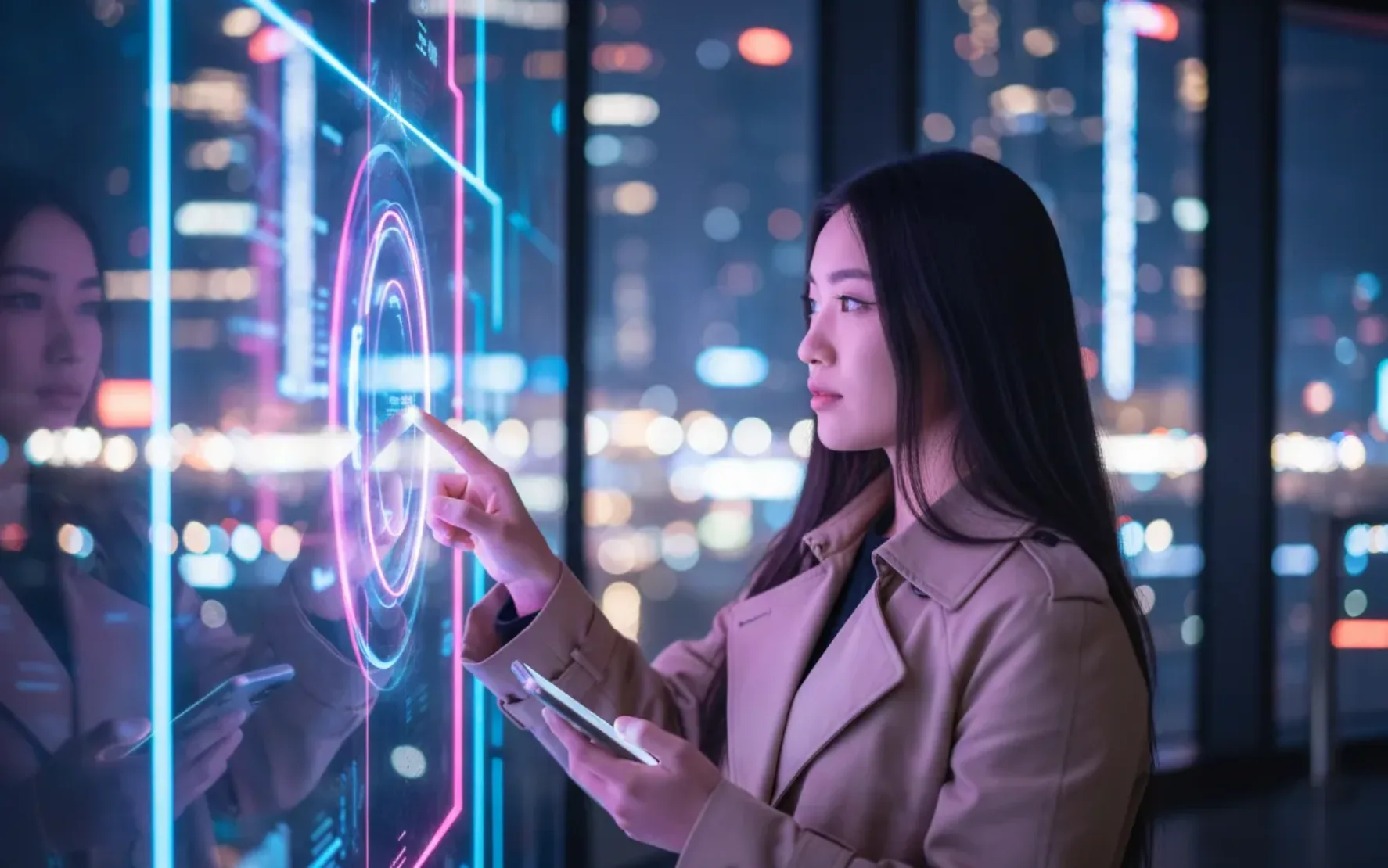 Woman interacting with a futuristic holographic touch display at night. valantic AI Offering: DemandSense AI.
